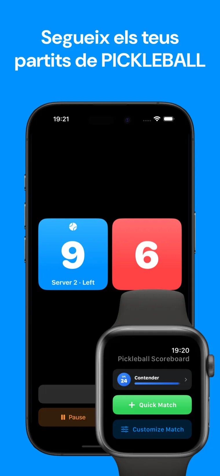 Segueix els teus partits de PICKLEBALL — Marcador de Pickleball a l'iPhone mostrant l'historial de partits, amb un marcador en directe de 5–4 a l'Apple Watch