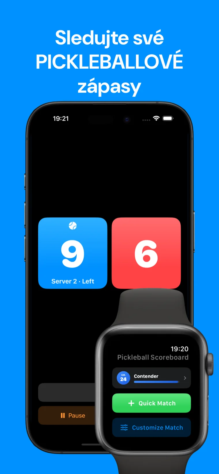 Sledujte své PICKLEBALLOVÉ zápasy — Pickleball Skóre na iPhonu zobrazující historii zápasů, s živým skóre 5–4 na Apple Watch