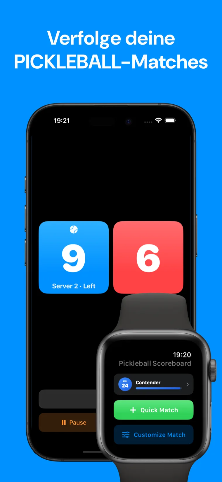 Verfolge deine PICKLEBALL-Matches — Pickleball Spielstand auf dem iPhone mit Match-Verlauf und einem Live-Spielstand von 5:4 auf der Apple Watch