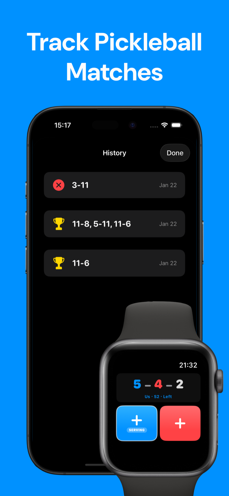 Track your pickleball matches — Pickleball Scoreboard on iPhone showing match history, with a live 5–4 game score on Apple Watch