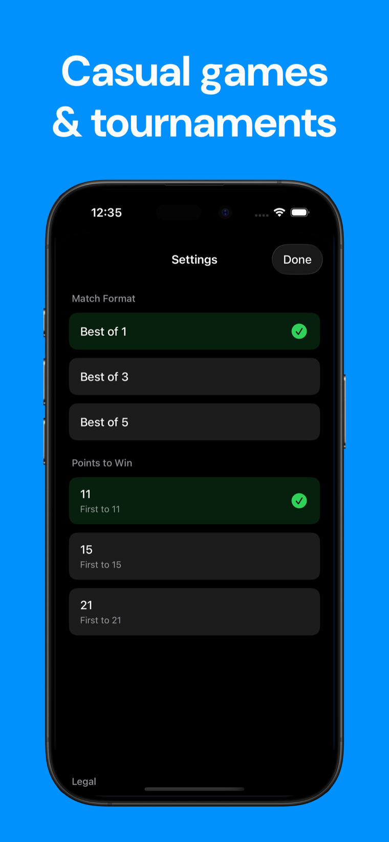 Casual games & tournaments — Pickleball Scoreboard settings showing match format (best of 1, 3 or 5) and points to win (first to 11, 15 or 21)