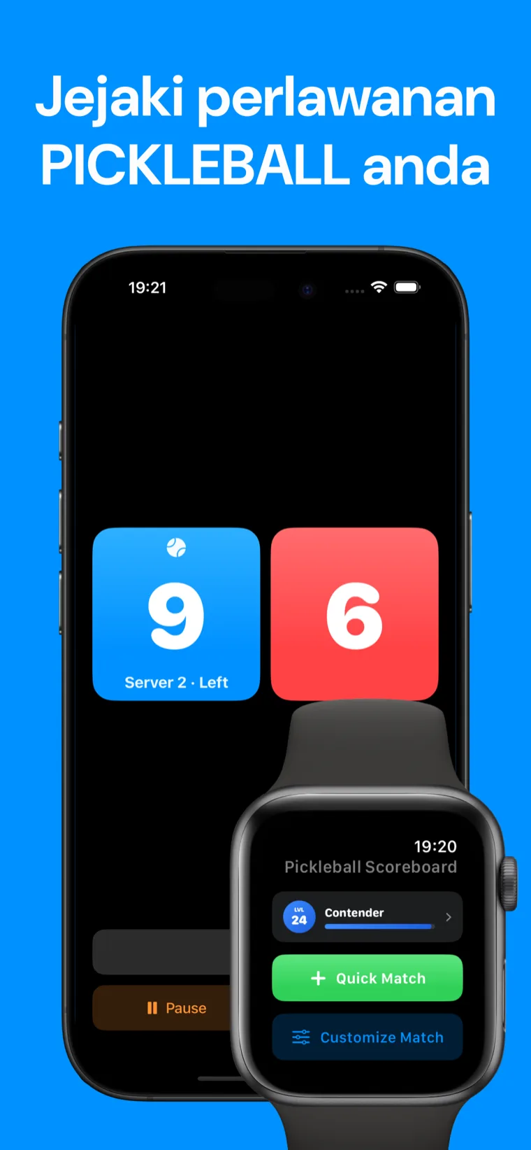 Jejaki perlawanan PICKLEBALL anda — Pickleball Skor pada iPhone menunjukkan sejarah perlawanan, dengan skor permainan langsung 5–4 pada Apple Watch