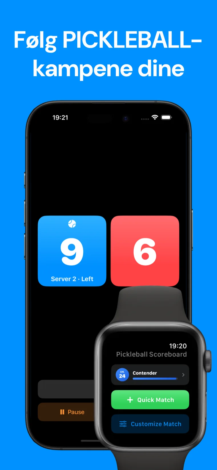 Følg PICKLEBALL-kampene dine — Pickleball Poeng på iPhone som viser kamphistorikk, med en live kampstilling 5–4 på Apple Watch