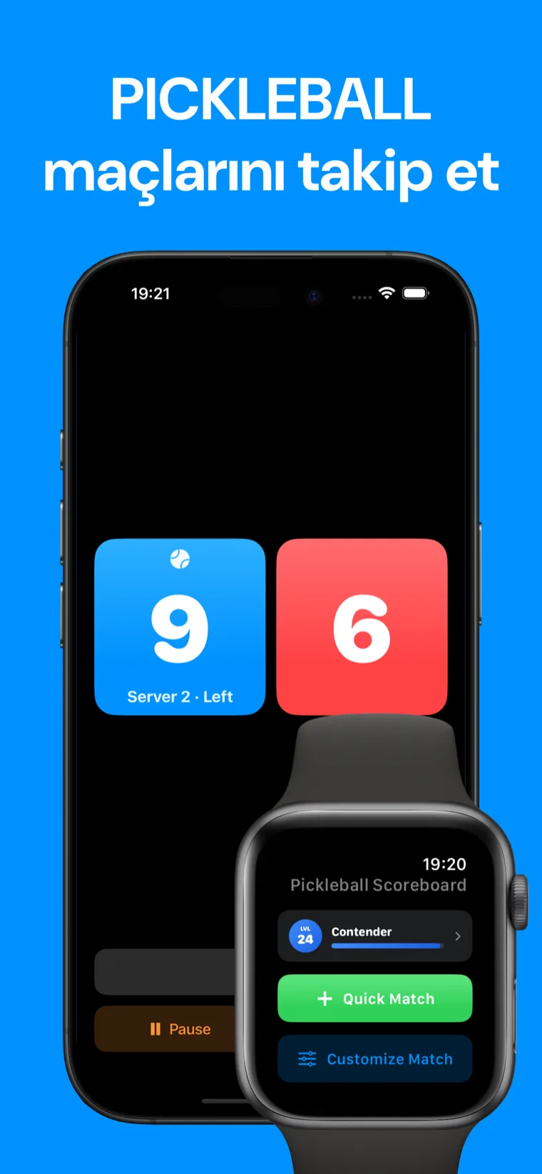 PICKLEBALL maçlarını takip et — iPhone'da Pickleball Skor Tahtası uygulamasında maç geçmişi ve Apple Watch'ta canlı 5–4 skoru